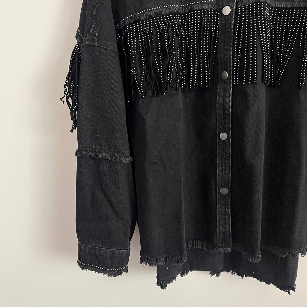Zara Rhinestone Fringe Studded Jean Jacket Black Women’s Size XS - Picture 4 of 8